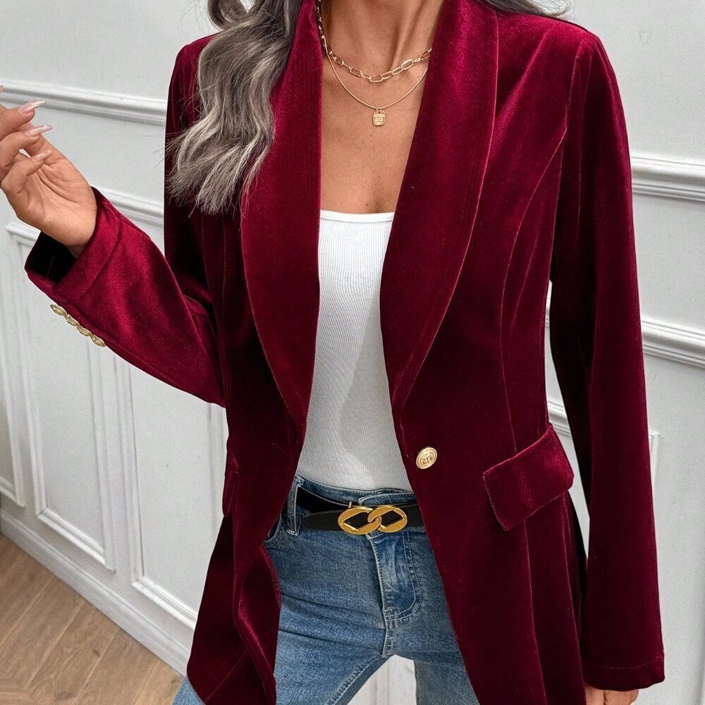 Burgundy Party Women's Elegant Velvet Blazer - Picture 4 of 8